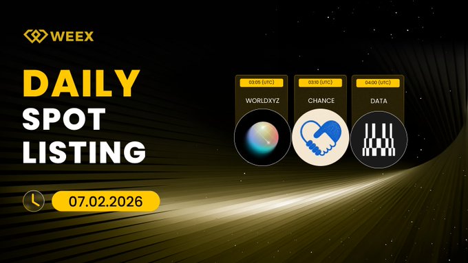 A WEEX Daily Spot Listing announcement graphic dated 07.02.2026, showcasing three new tokens scheduled for listing: $WORLDXYZ at 03:05 UTC, $CHANCE at 03:10 UTC, and $DATA at 04:00 UTC, each represented by a distinct circular icon, directly reflecting the accompanying post's listing details.