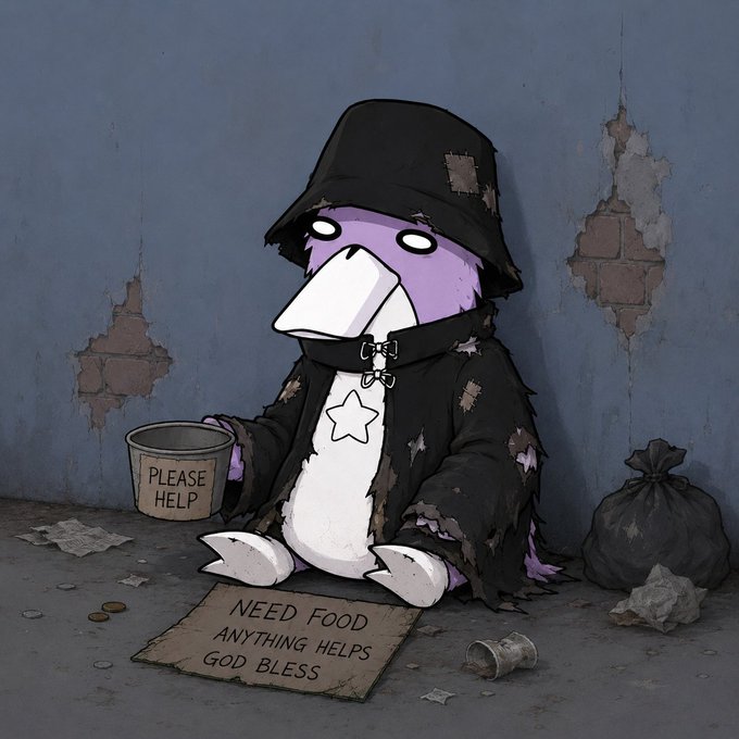 The image features a cartoon bird sitting on the ground with its head tilted back, holding a cup of coffee or tea. Next to the bird are two bags filled with trash, indicating that they might be homeless. The text "gm, any plans for today" suggests that the bird is waiting for someone to offer help or support.