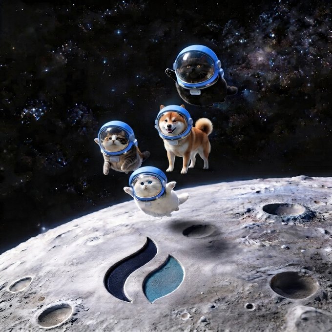 Four adorable pets—a Shiba Inu, two cats, and another dog—float in astronaut helmets above the moon, their paws raised in excitement near a teal "S" logo engraved on the lunar surface, fittingly capturing the playful "mooning" sentiment of the post.