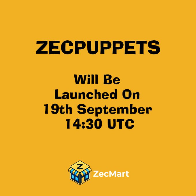 A yellow promotional graphic announcing 'ZECPUPPETS Will Be Launched On 19th September 14:30 UTC' by ZecMart, featuring a storefront logo.