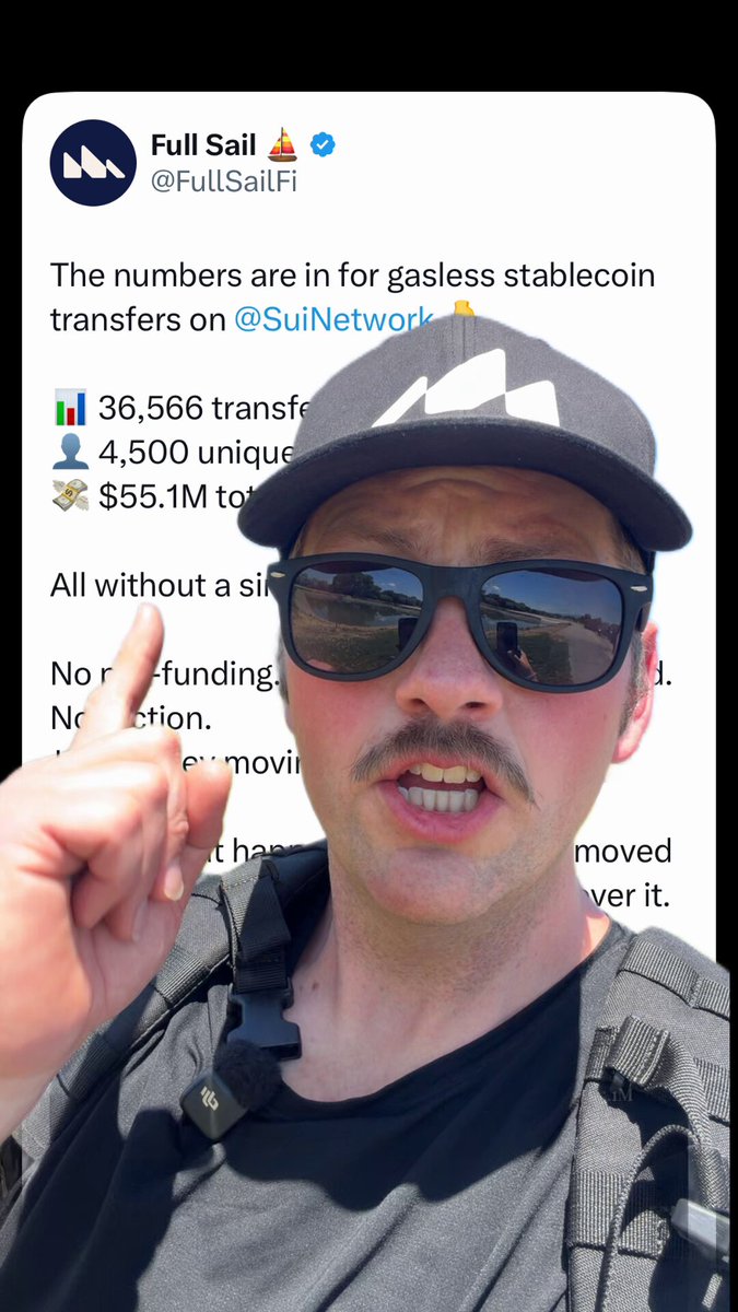 The image features a man wearing sunglasses with his hand up in front of him, possibly posing for a photo or making a gesture. The background appears to be a beach setting, which suggests that he might have just returned from a trip. There is also text in the image, discussing a post on a social media platform, likely Twitter, where a person has written: "There's been over $55M in stablecoin volume on @SuiNetwork since gas-less transactions started. ALL of it FREE If that doesn't make @Suinetwork bullish, maybe this will..." The text seems to be related to the man's recent activity or interest in a particular subject.
