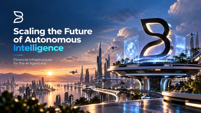 A futuristic promotional banner reads 'Scaling the Future of Autonomous Intelligence - Financial infrastructure for the AI Agent era' showing a sci-fi cityscape with drones.
