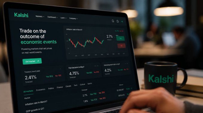 A laptop displays the Kalshi trading platform homepage with the tagline 'Trade on the outcome of economic events,' showing market forecasts for Treasury bond yields, Fed decisions, and unemployment rate, alongside a branded mug on a desk.