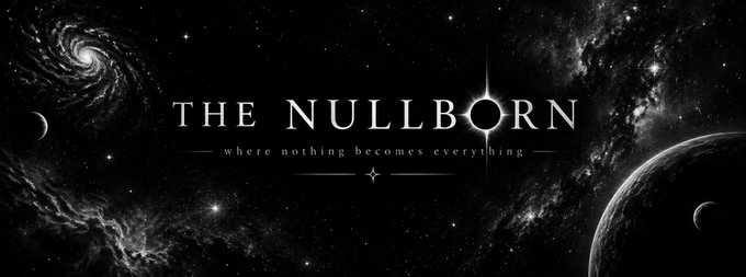 A celestial banner featuring a starry cosmic backdrop with swirling galaxies and planets displays the text "THE NULLBORN — where nothing becomes everything," tying into the post's announcement that the $Null mint is about to go live by branding the launch with a dramatic "born from nothing" theme.