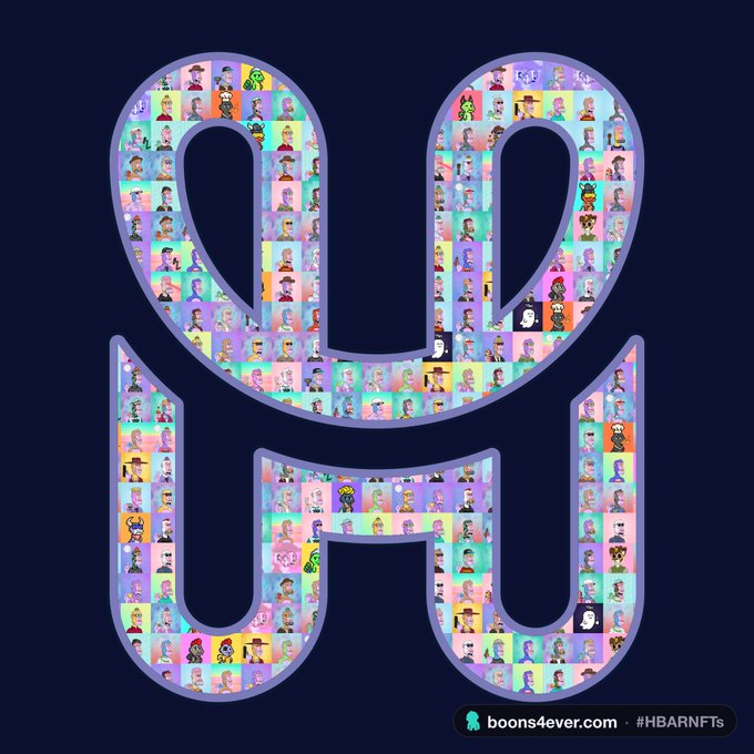 Digital artwork showing a large logo filled with small cartoon avatars, with text 'boons4ever.com #HBARNFTs' at the bottom.