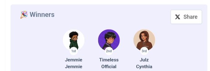 A screenshot of a "Winners" leaderboard displaying three circular avatars: 1st place "Jemmie Jemmie", 2nd place "Timeless Official", and 3rd place "Julz Cynthia", with a Share button in the upper right.