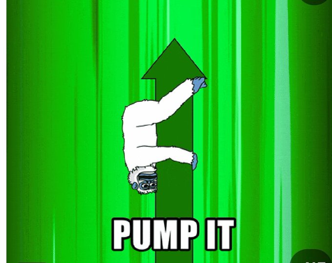 A digital illustration shows a furry character hanging upside down against an upward-pointing arrow with the text 'PUMP IT' below.
