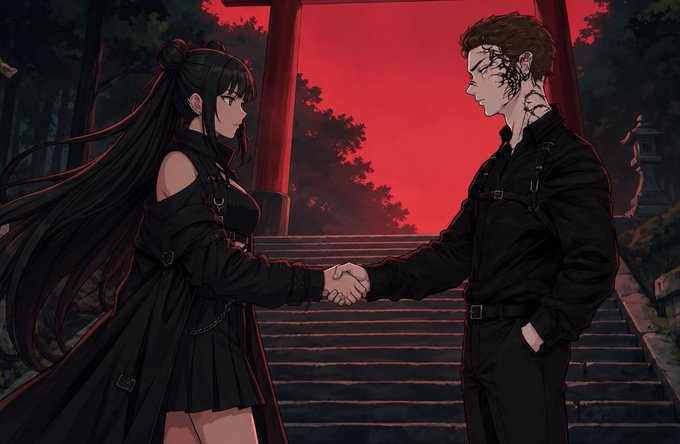 An anime-style illustration of a girl and a man in black outfits shaking hands on the steps of a Japanese shrine against a red sky.