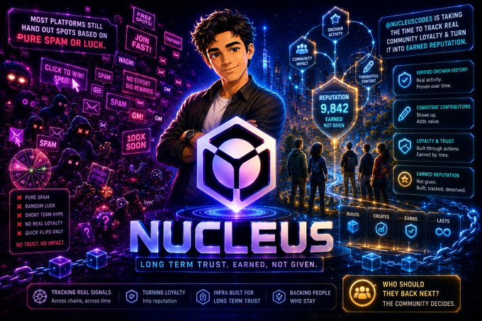 A promotional graphic for 'NUCLEUS' cryptocurrency featuring an illustrated young man, the tagline 'LONG TERM TRUST. EARNED, NOT GIVEN.', and reputation metrics showing 9,842.
