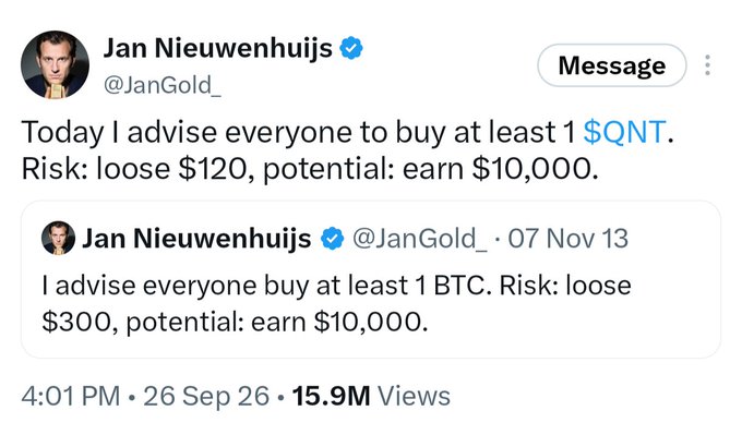 A tweet from verified user Jan Nieuwenhuijs (@JanGold_) dated 26 Sep 26 advising everyone to buy $QNT, with a risk of losing $120 and potential to earn $10,000.