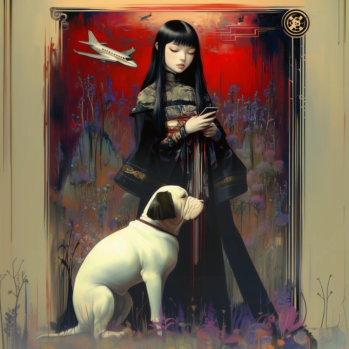 A digital painting depicting an Asian woman with long black hair in traditional attire looking at her smartphone, accompanied by a white pug dog against a vivid red background featuring a small airplane.