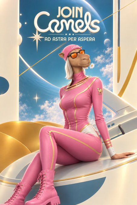 A retro-futuristic illustration of a camel character in a pink bodysuit with sunglasses and a cap, posing on a spaceship with the text 'JOIN Camels AD ASTRA PER ASPERA'.