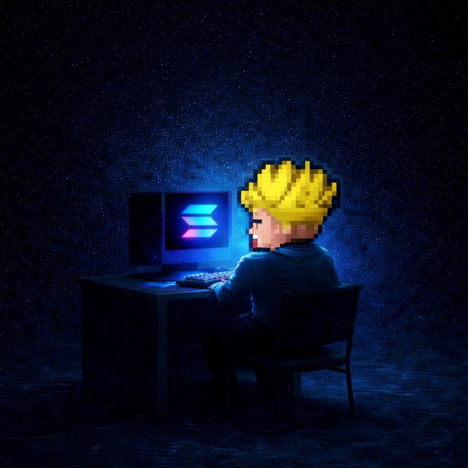A pixel-art figure with spiky blonde hair sits at a computer displaying the Solana logo on its monitor, set against a dark, cosmic background—visually representing the post's enthusiasm for Solana by blending retro gaming aesthetics with the blockchain's iconic branding.