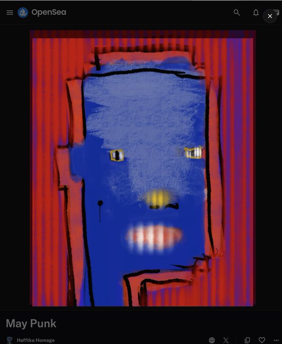 An OpenSea NFT listing for 'May Punk' by Hafftka Homage, showing a blue and red abstract digital artwork of a face with teeth.