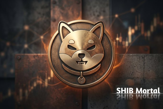 A metallic Shiba Inu coin emblem glows against a dark industrial background with candlestick charts, captioned "SHIB Mortal," visually reinforcing the post's bullish thesis that massive exchange outflows, ongoing burns, and strong whale and community conviction are setting the stage for SHIB's next leg up.