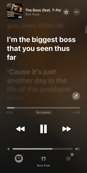 A Spotify music player displays "The Boss (feat. T-Pai)" by Rick Ross, with lyrics reading "I'm the biggest boss that you seen thus far," connecting to the "Good morning" post through the confident, motivational lyrics about being the boss for the day.