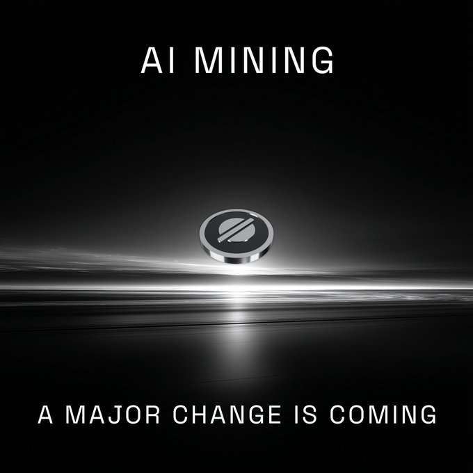 A sleek black promotional graphic for "AI MINING" features a metallic circular logo centered against a dark, horizon-lit background, with the teaser text "A MAJOR CHANGE IS COMING" displayed at the bottom—visually reinforcing the post's announcement that the Public Sale Top 50 has been finalized and signaling an upcoming reveal about the project's next phase.