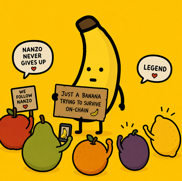A cartoon illustration of an anthropomorphic banana character with speech bubbles saying 'NANZO NEVER GIVES UP' and 'LEGEND', holding a sign that reads 'JUST A BANANA TRYING TO SURVIVE ON-CHAIN', surrounded by various fruit characters holding supportive signs.