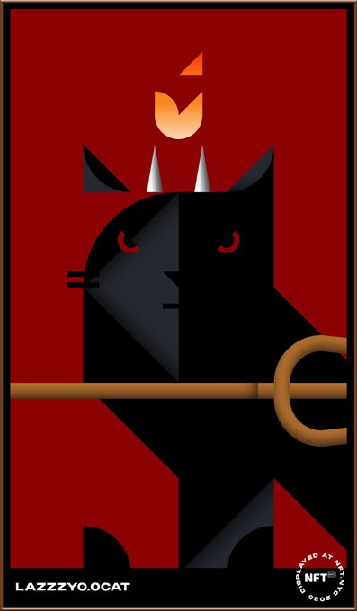A stylized red and black NFT artwork featuring a dark cat with small horns and red glowing eyes, with a golden key or staff, labeled 'LAZZZYO.0CAT' and 'MINTED AT DEGODS NFT'.