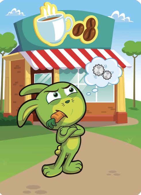 A cartoon illustration of a green rabbit character thinking about gears while standing in front of a coffee shop, holding a carrot.