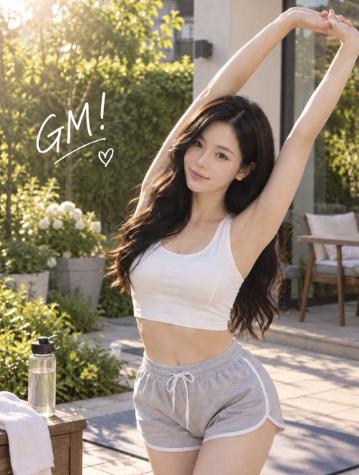 An AI-generated or edited image of a young woman in a white sports bra and gray shorts stretching her arms overhead in a sunny garden setting, with 'GM!' and a heart doodle drawn in white.