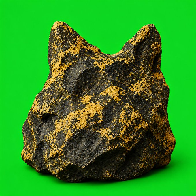 A rough, dark rocky asteroid with golden-yellow speckles displayed against a bright green background.