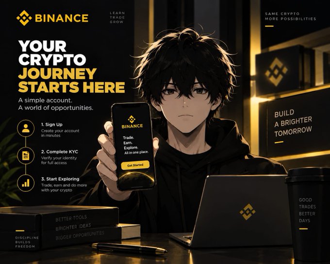 A Binance cryptocurrency advertisement stating 'YOUR CRYPTO JOURNEY STARTS HERE' showing an anime character holding a smartphone with the Binance app.