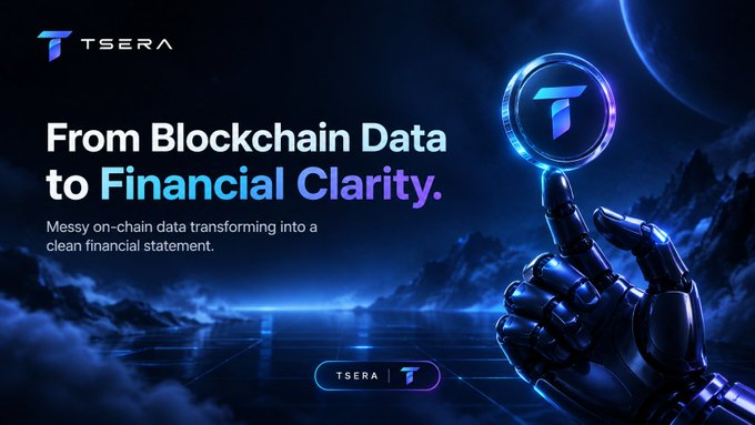 A dark promotional image for 'TSERA' featuring a robotic hand holding a glowing coin with the tagline 'From Blockchain Data to Financial Clarity.'
