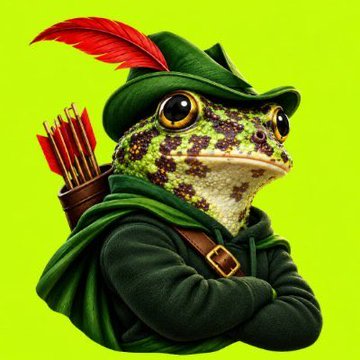 A frog dressed as Robin Hood, complete with a feathered green hat, cloak, and a quiver of arrows on its back, is set against a vibrant lime green background. The whimsical "Super Ishikawa" frog character playfully embodies the Robin Hood theme referenced in the post about joining the "Robinhood Chain arena," symbolizing the crypto ecosystem's growing momentum.