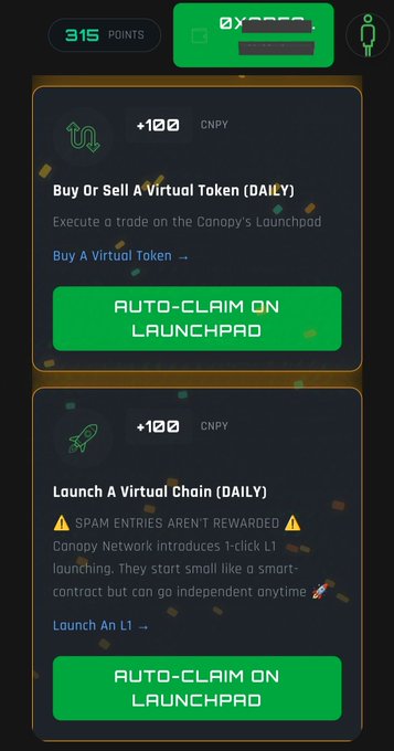 The image shows an advertisement for a virtual trading platform called "Autocclaim". The platform offers two options for users - launching a virtual chain or claiming points from a virtual trading campaign. There are two green boxes with white text, each containing information about these options. One box is located on the left side of the screen and the other one is positioned at the top right corner. The image also includes a caption that reads "It's really obvious many contributors thought it was just Mindshare contribution campaign happening on @CNPYNetwork But there is a whole different Quest Hub that needs your daily contribution for valuable points All you need to do is check in daily, claim faucet, buy a token," which provides additional information about the platform and its features.
