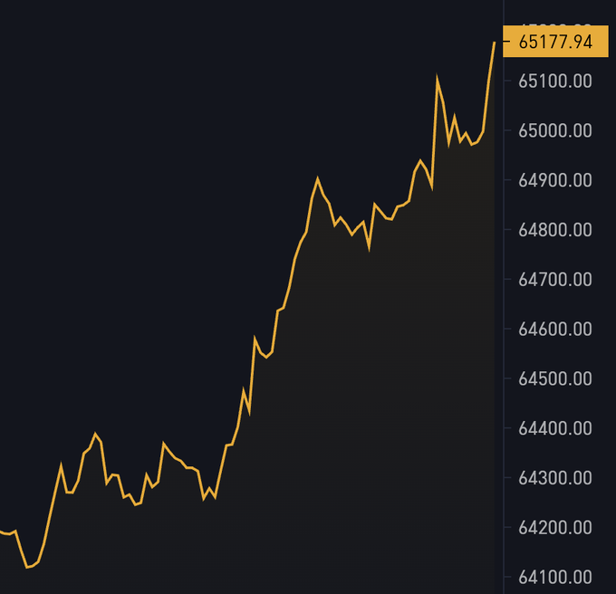 A yellow line chart displays Bitcoin's price climbing from around $64,100 to a peak of **$65,177.94**, visually illustrating the milestone referenced in the headline "$65,177 Bitcoin!"