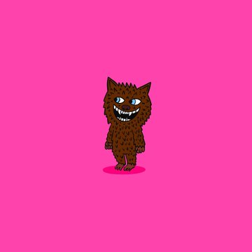 A cartoon illustration of a small brown furry monster with blue eyes and a wide grin standing on a pink background.