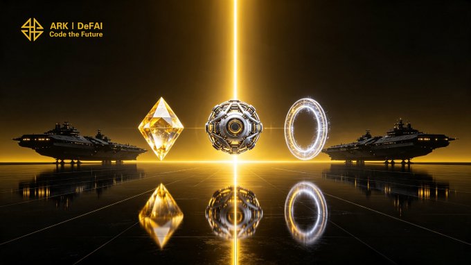 A cinematic dark scene with golden lighting showcases three central objects—a glowing yellow diamond-shaped crystal, a futuristic spherical device, and a luminous ring—flanked by spaceship silhouettes, with "ARK | DeFAI Code the Future" displayed in the upper left, visually embodying the "three pillars, one mission" of ARK's AI-powered future.