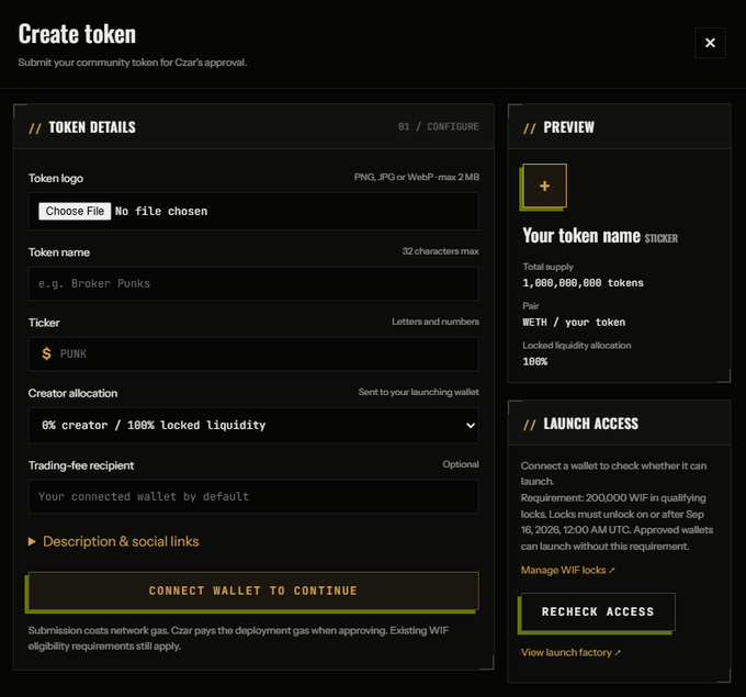 A "Create token" submission interface on RobinWifHat's launchpad, showing fields for token logo, name ("Your token name"), ticker ("WETH / your token"), 1,000,000,000 tokens total supply, 18% locked liquidity, and a "Connect wallet to continue" button with a launch access requirement of 200,000 WIF tokens held until Sep 16, 2026. The screenshot illustrates the platform's token creation form that the project plans to use for their upcoming community rewards token launch.