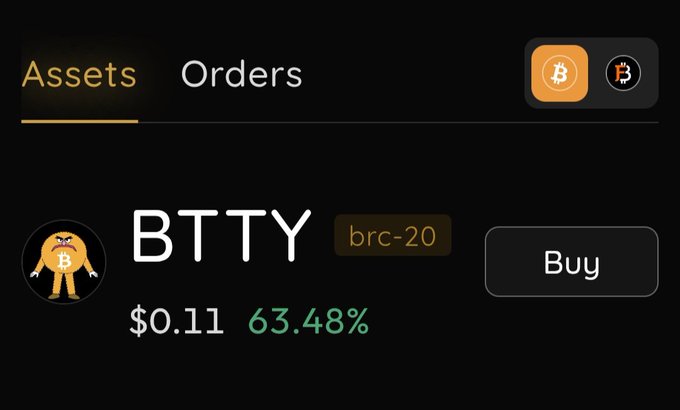 A cryptocurrency trading interface displays 'BTTYY' (brc-20) priced at $0.11 with a 63.48% gain and a 'Buy' button.