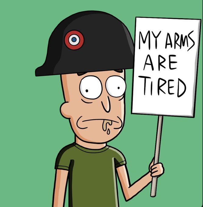 Cartoon illustration of a drooling soldier wearing a French Adrian helmet while holding a sign that reads "MY ARMS ARE TIRED."