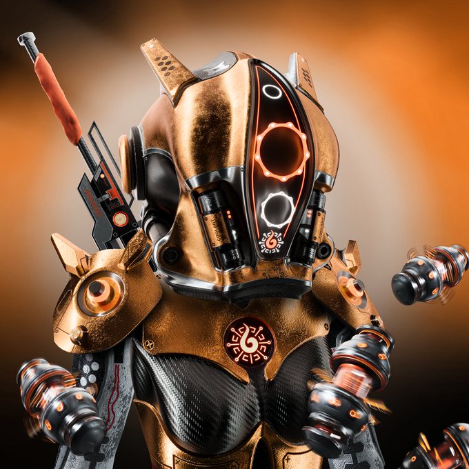 Detailed close-up of a futuristic gold and black robot with glowing orange accents, holding a weapon.