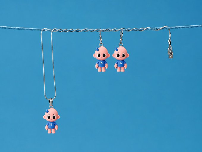 Small blue cartoon character charms or pendants hanging from hooks on a wire against a solid blue background.
