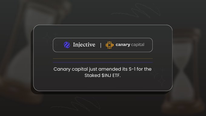 An announcement card stating 'Canary capital just amended its S-1 for the Staked $INJ ETF' featuring the logos of Injective and Canary Capital.