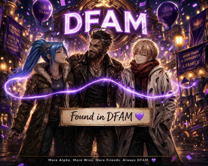 A promotional artwork featuring three anime-style characters standing together under glowing purple balloons and the large text 'DFAM', with a banner reading 'Found in DFAM' and the tagline 'More Alpha. More Wins. More Friends. Always DFAM.'