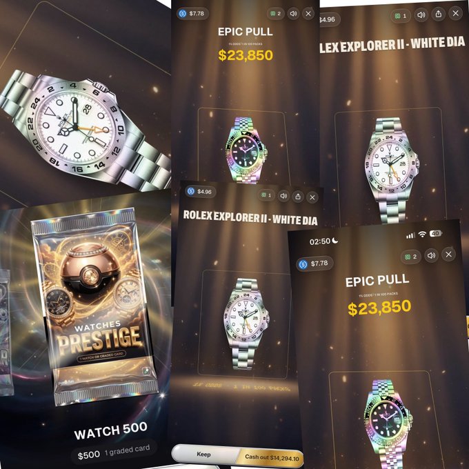 A collage of smartphone screenshots shows a watch-themed gacha game on Pump.fun, featuring items labeled “WATCH 500,” “EPIC PULL $23,850,” and “ROLEX EXPLORER II - WHITE DIA,” alongside visual watch packs and prizes. The image illustrates the post’s claim of finding a low-cost “watch” hack for winning high-value watch pulls.