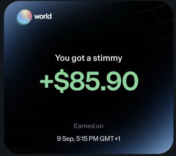 A notification from Worldcoin showing a stimulus reward of +$85.90 earned on 9 Sep at 5:15 PM GMT+1.