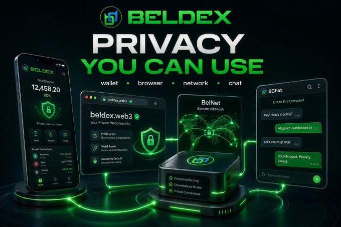 A promotional graphic for BELDEX features the headline 'PRIVACY YOU CAN USE', showcasing a smartphone wallet, a web browser, a network router device, and an end-to-end encrypted chat application.