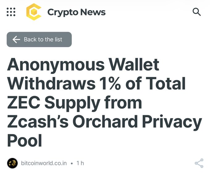 The image shows a screen with text about cryptocurrency news, specifically about Anonymous Wallet Withdraws 1/of Total ZEC Supply from Zcash's Orchard Privacy Pool. This message appears to be part of an advertisement or promotional content related to a cryptocurrency project involving Zcash and its coins. The main focus is on the project title "Zcash Orchard Privacy Pool," which suggests that there are some interesting discussions about privacy and cryptocurrency happening in this space.
