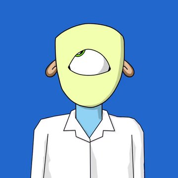 A cartoon illustration of a humanoid character with a light green face, a single large eye in the center, brown ears, and wearing a white shirt and tie.