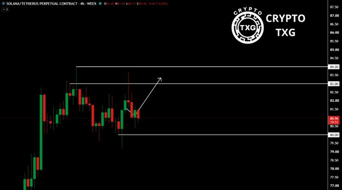 A candlestick price chart for the SOLANA/TERHUS PERPETUAL CONTRACT on WEEK timeframe shows Crypto TXG branding with price levels marked around $84.28 and $83.00 resistance zones.