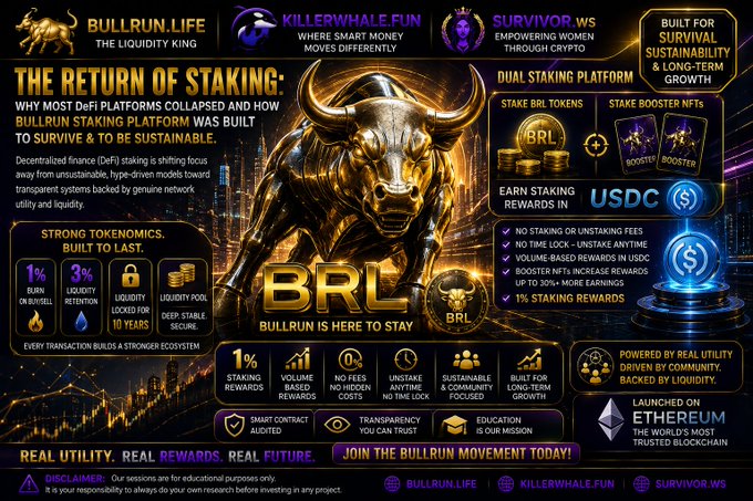 A promotional infographic for the 'BRL' Bullrun staking platform on the Ethereum blockchain, featuring a golden bull and listing features like '1% BURN ON BUY/SELL', '3% LIQUIDITY RETENTION', and 'DUAL STAKING PLATFORM' with BRL tokens and USDC rewards.