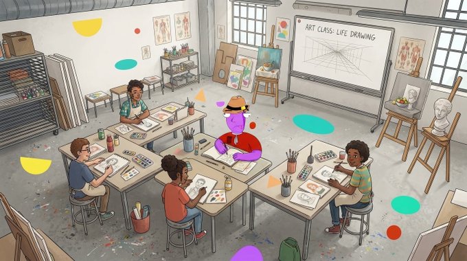 An illustrated art classroom scene titled 'ART CLASS - LIFE DRAWING' shows students at tables with one purple character wearing a straw hat, surrounded by art supplies and easels.