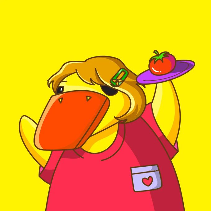 A duck-like cartoon is holding a tomato.