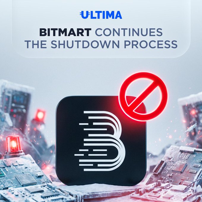 A graphic titled "BITMART CONTINUES THE SHUTDOWN PROCESS" by ULTIMA, showing the Bitmart logo with a red prohibition symbol over it, set against a background of destroyed circuit boards.